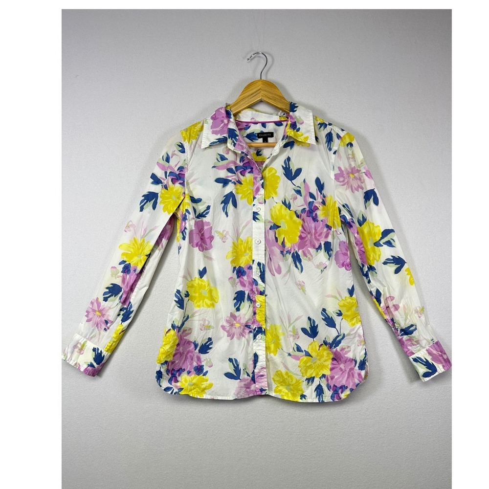 Colorful Cottagecore Talbots Womens S Yellow Floral 100% Cotton Shirt Blouse